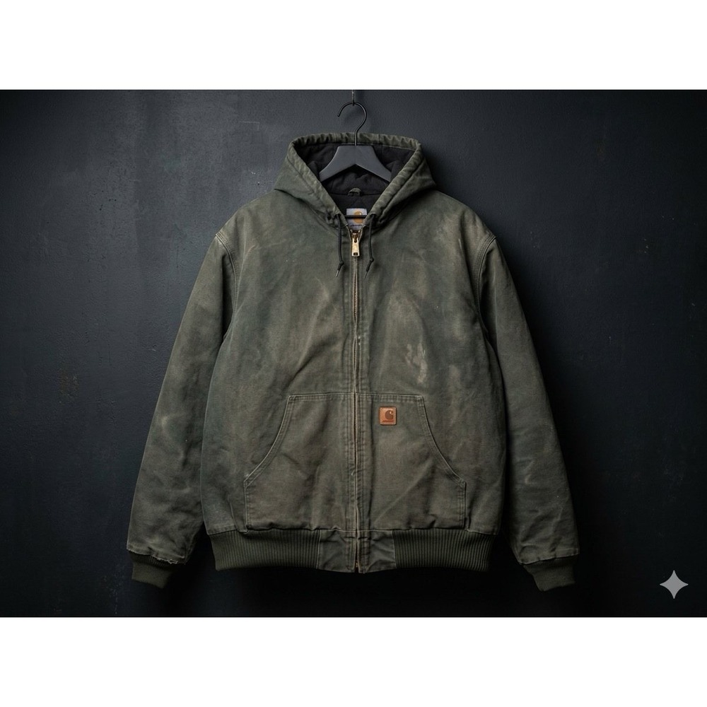 VTG Carhartt J130 MOS Moss Green Sandstone Duck Thermal Hooded Jacket Mens 2XL T